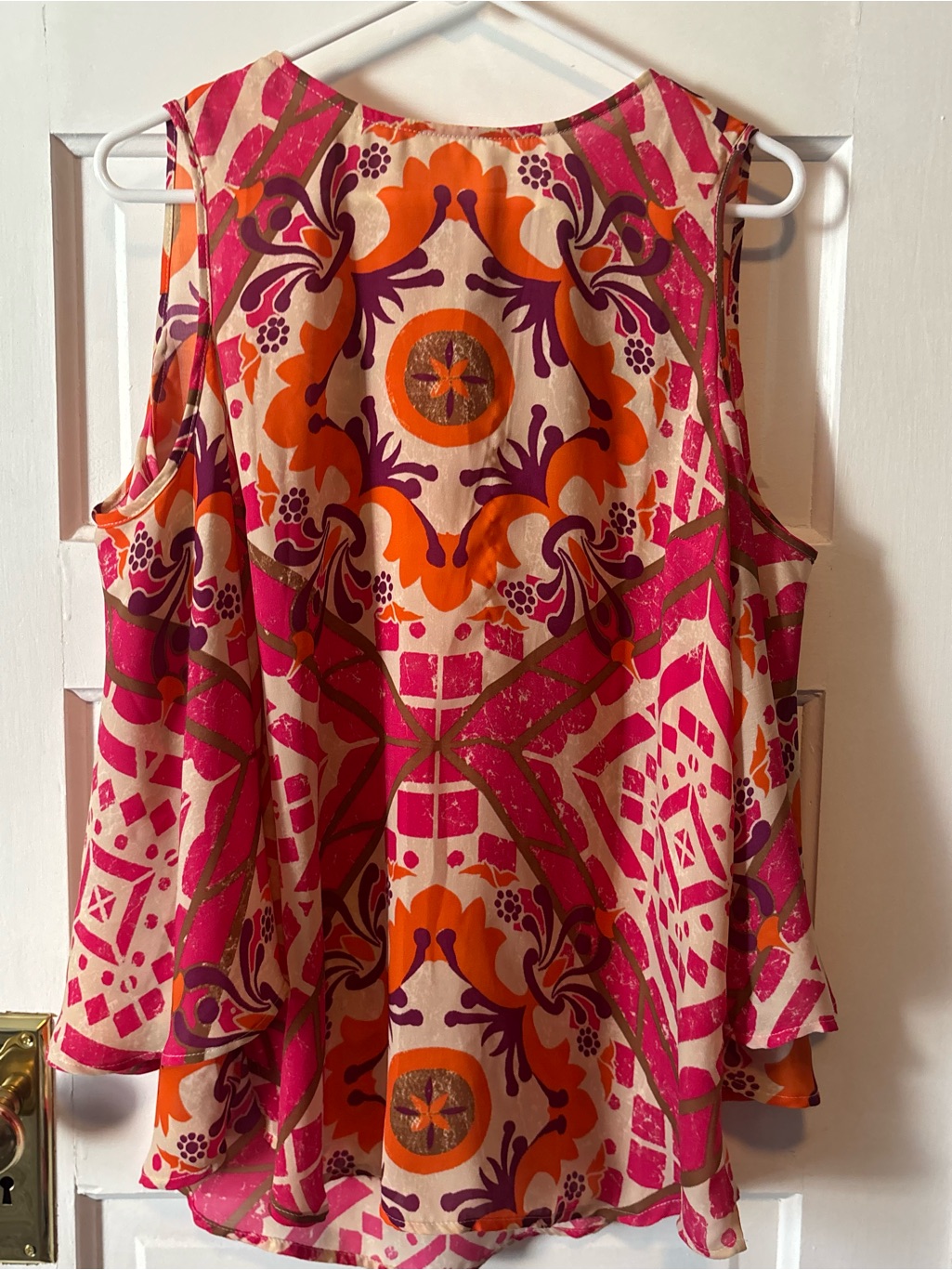 Chicos Pink Orange Purple Printed ColdShoulder